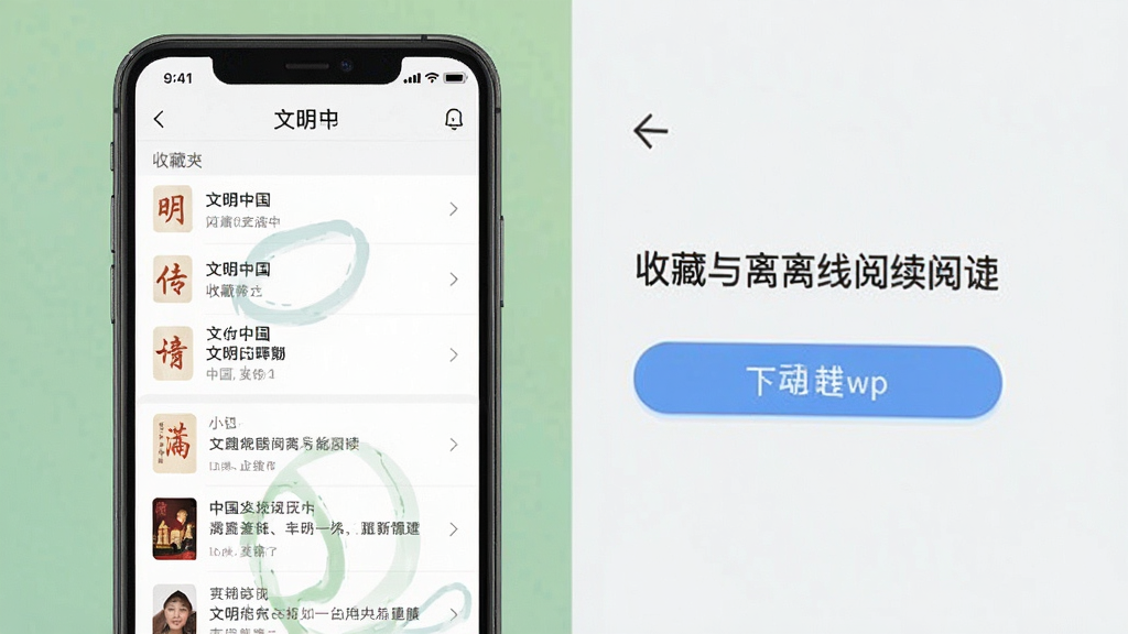 一张展示文明中国App收藏与离线阅读功能的图片,画面中手机屏幕显示着收藏夹列表和已下载的文章,界面简洁,按钮清晰,风格扁平化,画质干净无多余元素