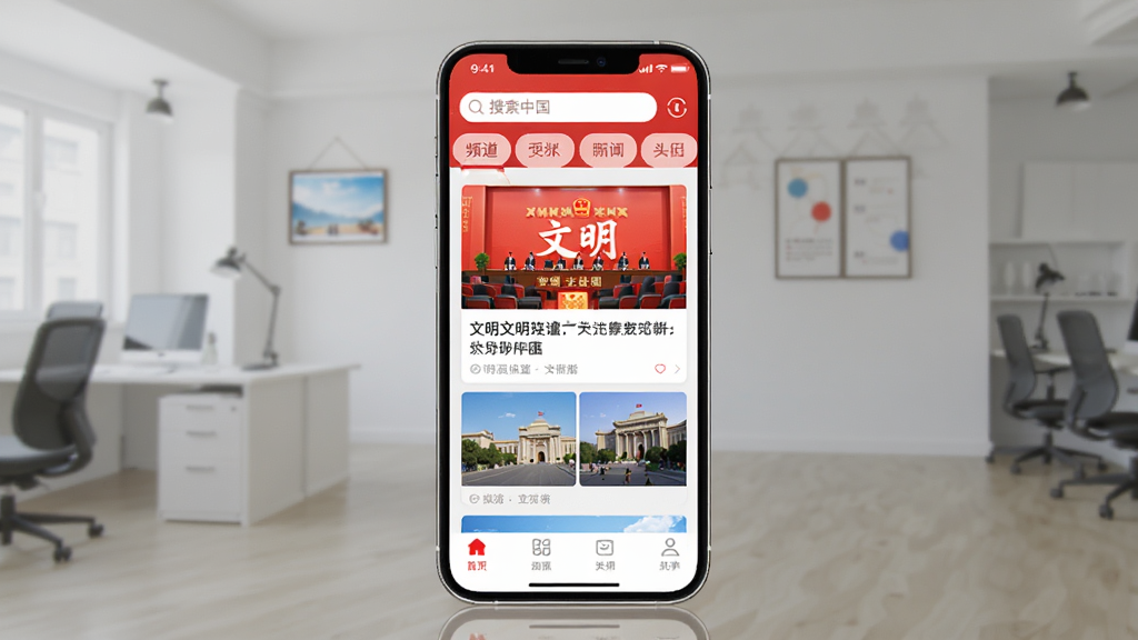 一张展示文明中国App主界面的图片,画面中央是手机屏幕,屏幕内显示文明中国App的首页,顶部有搜索栏和频道分类标签,中间是图文并茂的资讯卡片列表,底部是导航栏,整体色调以红色和白色为主,风格简洁大气,画质清晰干净,无多余元素