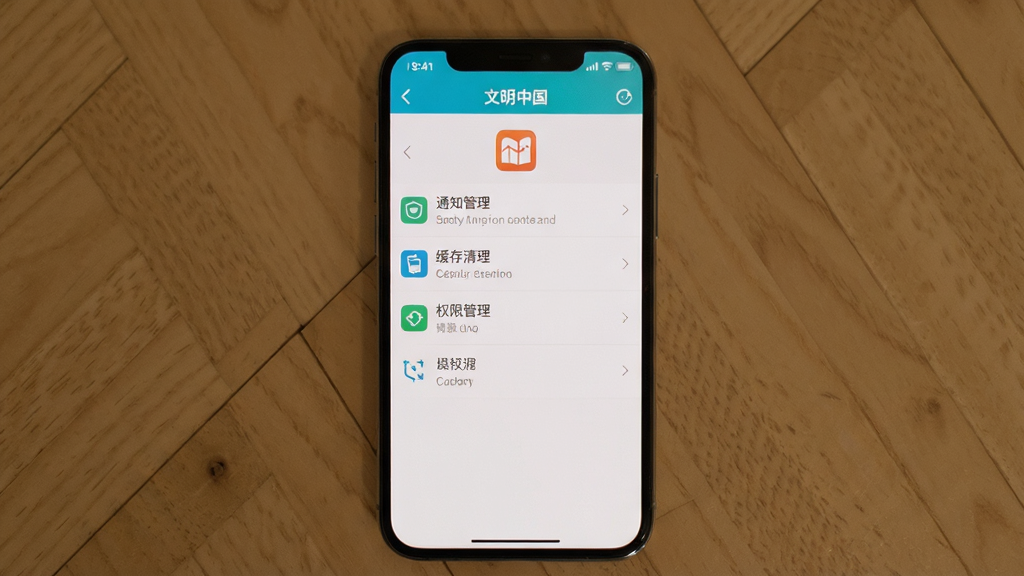 一张展示文明中国App设置页面的图片,画面中手机屏幕显示着设置菜单,包括通知管理、缓存清理、权限管理等选项,界面风格简洁,图标清晰,画质干净无多余元素
