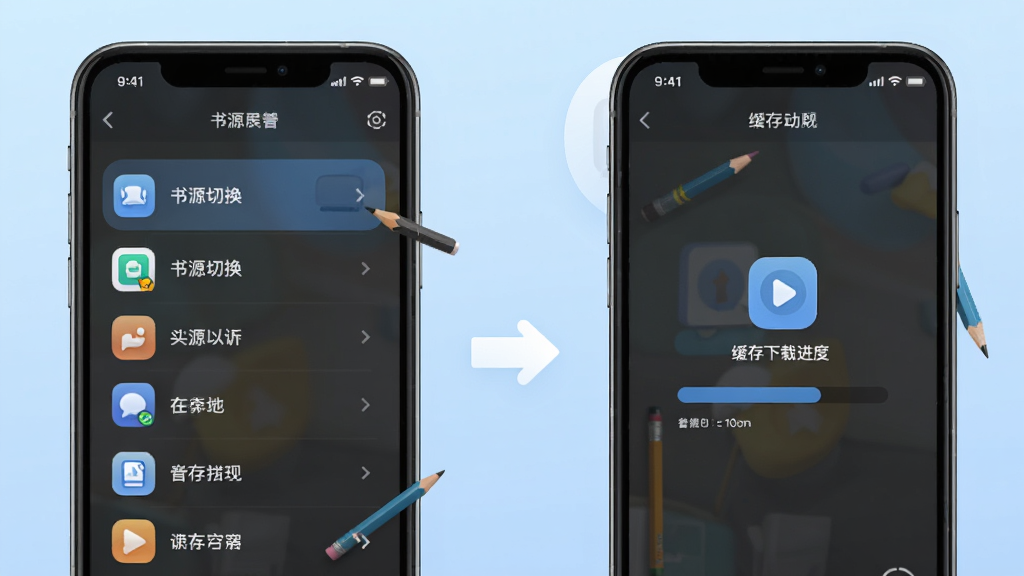铅笔app功能展示图,画面左侧是手机显示书源切换列表,右侧是缓存下载进度界面,中间有箭头连接,背景为浅蓝色渐变,图标和文字标注清晰,风格简洁现代,画质干净无多余元素