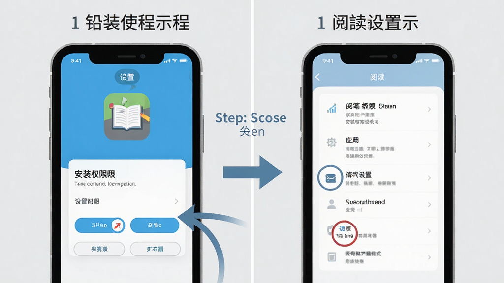 铅笔app使用教程示意图,手机屏幕显示安装权限设置界面和阅读设置面板,有箭头指引操作步骤,背景为浅灰色,图标和文字标注清晰,风格扁平化,画质干净无多余元素