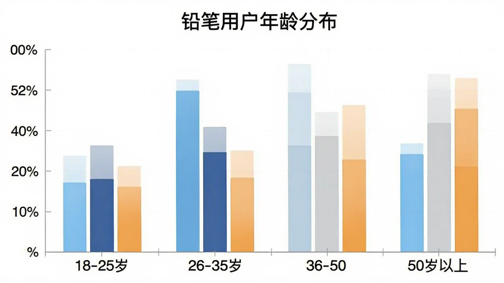 铅笔app用户年龄分布柱状图,横轴标注18-25岁、26-35岁、36-50岁、50岁以上四个年龄段,纵轴标注百分比,柱状颜色分别为浅蓝、深蓝、浅灰、暖橙,图表标题为“铅笔用户年龄分布”,风格简洁清晰,画质干净无多余元素