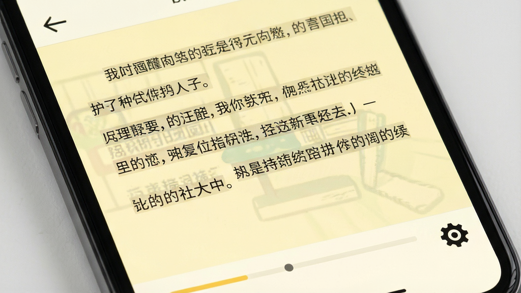 铅笔app阅读界面特写,手机屏幕显示正在阅读小说章节,文字排版疏朗,背景为护眼淡黄色,底部有阅读进度条和设置齿轮图标,左上角有返回书架箭头,整体风格扁平化,画质清晰干净
