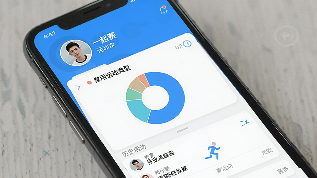一张展示“一起赛”App个人运动数据页面的手机截图,屏幕显示用户头像、运动总次数、常用运动类型饼图,下方有历史活动列表,界面风格简洁现代,蓝白配色,画质干净,无多余元素