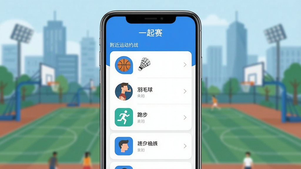 一张展示“一起赛”App主界面的手机屏幕截图,屏幕中央显示附近运动约战列表,有篮球、羽毛球、跑步等图标,界面设计简洁清爽,以蓝白配色为主,背景是虚化的城市运动场,风格现代扁平,画质干净,无多余元素