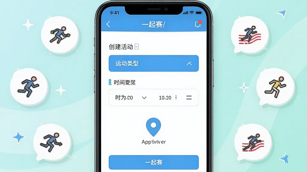 一张展示“一起赛”App发起约战功能的界面截图,手机屏幕中央是一个创建活动的表单,有运动类型选择、时间选择器、地图定位图标,周围环绕着几个运动小图标,整体风格清新明快,画质干净,无多余元素