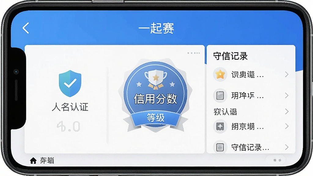 一张展示“一起赛”App信用体系界面的手机截图,屏幕中央显示用户的信用分数和等级徽章,旁边有实名认证标识和守信记录列表,风格简洁,蓝白配色,画质干净,无多余元素