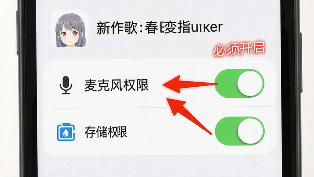 春日恋歌新手操作指引图,手机屏幕显示设置界面,高亮标注“麦克风权限”和“存储权限”两个开关,旁边有红色箭头和文字提示“必须开启”,背景是浅色界面,图标清晰,风格简洁直观,画质干净无多余元素,高清渲染