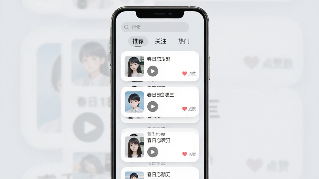 春日恋歌作品广场界面,手机屏幕显示瀑布流布局的音频卡片,每张卡片有用户头像、歌曲名、播放按钮和点赞数,背景是浅灰色,卡片圆角设计,顶部有搜索框和分类标签“推荐”“关注”“热门”,整体风格清爽现代,画质干净无多余元素,高清渲染