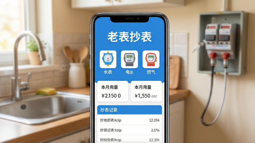 一张展示老表抄表软件核心全貌的图片,画面中央是一部智能手机,手机屏幕上显示着老表抄表App的主界面,界面顶部有“老表抄表”四个大字,中间是水表、电表、燃气表的图标排列,下方是本月用量数据卡片和抄表记录列表,背景是温馨的家庭环境,有厨房水槽和电表箱的虚化影像,整体风格现代扁平化,色调以蓝白为主,干净明亮,画质清晰锐利,无多余元素