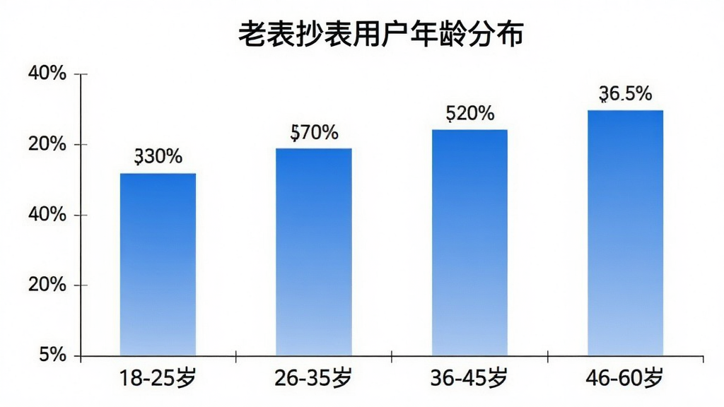一张柱状图,标题为“老表抄表用户年龄分布”,横轴是年龄段:18-25岁、26-35岁、36-45岁、46-60岁,纵轴是用户占比百分比,柱子颜色为蓝色渐变,每个柱子上方标注具体百分比数值,背景为白色,图表风格简洁现代,画质清晰,无多余元素