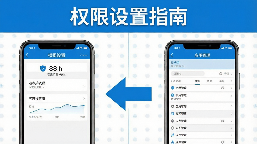 一张信息图风格的图片,画面分为左右两部分,左边是手机屏幕显示老表抄表App的权限设置界面,右边是手机设置菜单中“应用管理”的截图示意,中间有一个箭头从右指向左,图片上方有“权限设置指南”的标题文字,整体风格简洁明了,蓝白配色,画质干净,无多余装饰