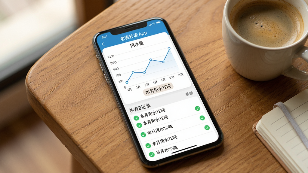 一部手机屏幕上显示老表抄表App的数据统计页面,页面中央是一个折线图,横轴是月份,纵轴是用水量,折线下方有“本月用水12吨”的标注,图表下方是抄表记录列表,每条记录旁边有绿色的小勾图标,手机放在木质桌面上,旁边有一杯咖啡和一本笔记本,整体风格生活化、温馨,画质清晰,无多余元素