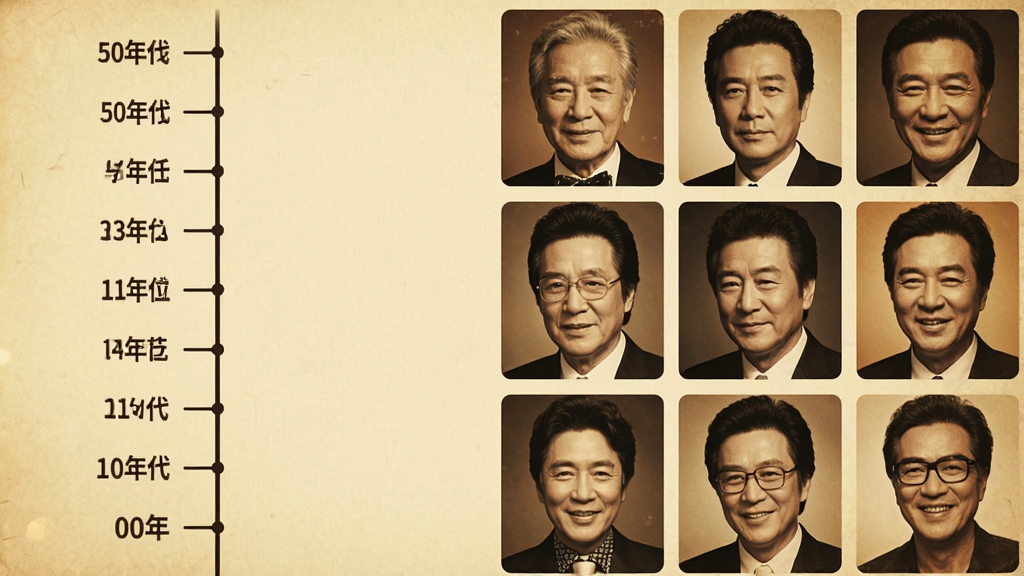 一张展示老歌放映机曲库分类界面的图片,画面左侧是年代时间轴,从50年代到00年代依次排列,右侧是歌手头像墙,包含多位经典老歌手的面部特写,整体风格复古怀旧,色彩温暖,布局清晰,画质干净无多余元素