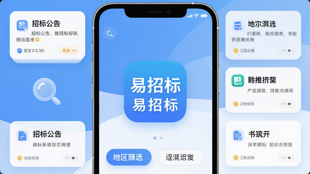 易招标App主界面展示,手机屏幕中央显示“易招标”应用图标和名称,背景为蓝白渐变色调,周围环绕招标公告卡片、放大镜搜索图标、地区筛选标签等元素,布局简洁清晰,风格现代扁平化,细节圆润,画质干净,无多余元素