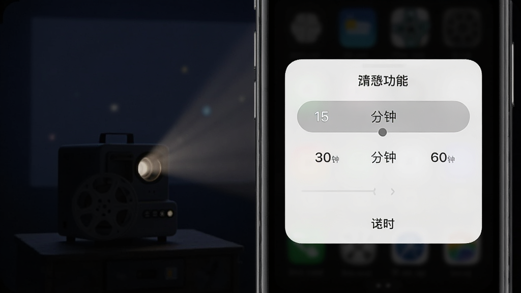 一张展示老歌放映机定时关闭功能的图片,画面中手机屏幕显示定时设置弹窗,有15分钟、30分钟、60分钟三个选项,背景是深色夜间模式,界面柔和护眼,风格简洁,画质干净无多余元素