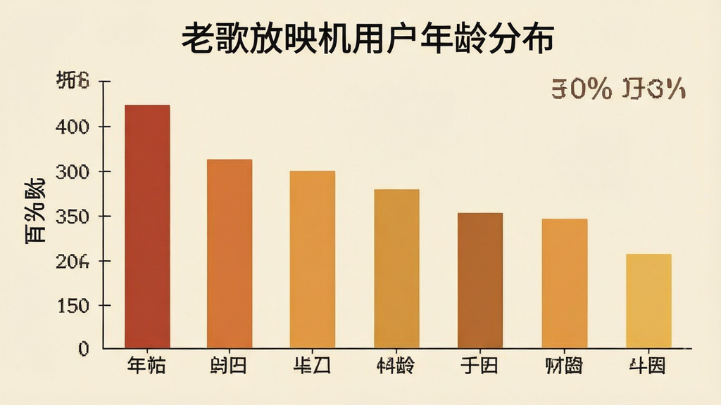 一张展示老歌放映机用户年龄分布柱状图的图片,横轴为年龄段,纵轴为百分比,柱状图颜色为复古暖色调,图表标题为“老歌放映机用户年龄分布”,风格简洁清晰,画质干净无多余元素