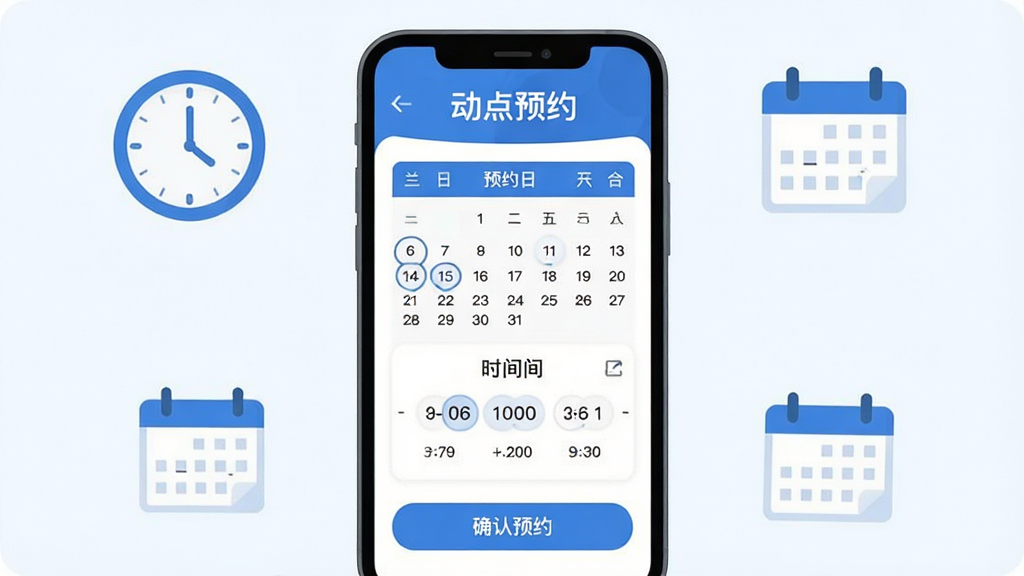 动点预约软件主界面展示,画面中央是手机屏幕,屏幕内显示蓝白配色的预约日历和时间选择模块,顶部有“动点预约”文字标识,底部有确认预约按钮,周围环绕简洁的时钟和排班图标,扁平化设计风格,细节干净,画质清晰无多余元素