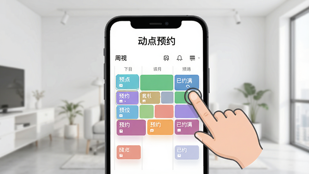 动点预约功能界面展示,画面中手机屏幕显示周视图排班表,不同颜色色块标注可预约与已约满状态,屏幕上方有“动点预约”字样,旁边有手指点击色块的示意动作,背景是简洁的室内场景,风格现代扁平,画质干净无多余元素