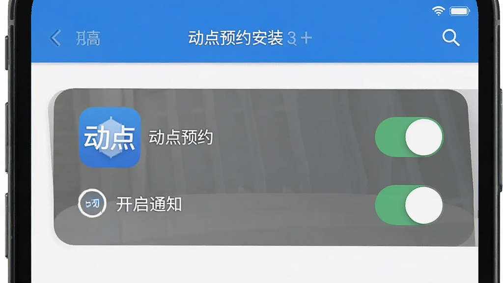 动点预约安装设置界面展示,手机屏幕显示权限管理页面,有“动点预约”应用图标,旁边有开启通知和自启动的开关示意,背景是简洁的手机设置界面风格,扁平化设计,画质干净无多余元素