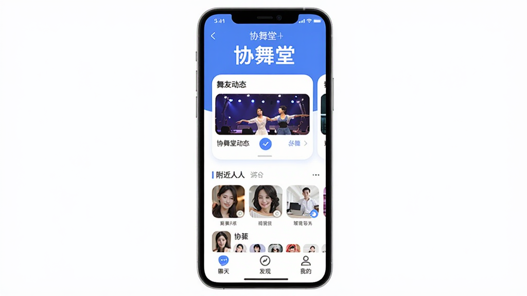 协舞堂App主界面全貌展示,画面中央是手机屏幕,屏幕内显示协舞堂App首页,顶部有“协舞堂”三个字,中间是舞友动态卡片和附近的人列表,底部是聊天、发现、我的三个选项卡,整体布局清晰,蓝白配色,风格现代扁平,细节圆润,画质干净,无多余元素