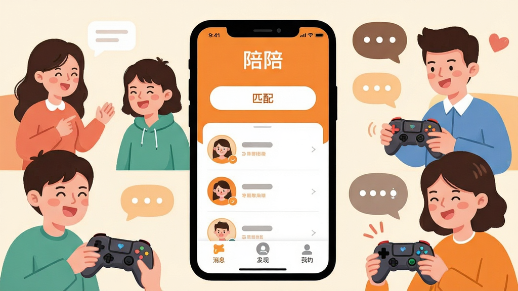 一个温馨的社交场景插画,画面中央是手机屏幕显示“陪陪”APP主界面,界面以暖橙色和白色为主色调,顶部有“陪陪”文字标识,中间是匹配按钮和用户头像列表,底部是消息、发现、我的三个选项卡,周围环绕着不同年龄段的卡通人物正在开心聊天、打游戏、连麦,风格轻松活泼,画质干净明亮,无多余元素