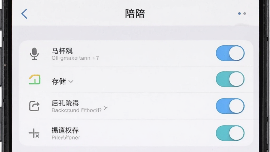 AI生图提示词:一张手机设置界面的截图,屏幕显示“陪陪”APP的权限管理页面,包含麦克风、存储、后台运行等开关选项,界面以白色和浅灰色为主,文字清晰,风格简洁现代,画质干净,无多余元素
