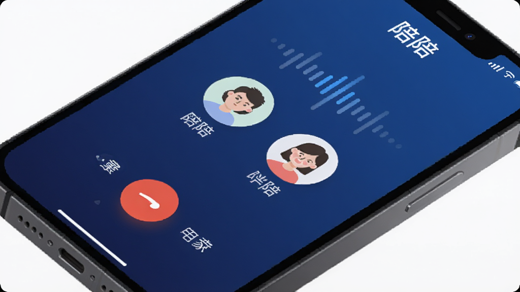 AI生图提示词:一部智能手机屏幕特写,屏幕内显示“陪陪”APP的语音连麦界面,界面中央是两个正在通话的用户头像,周围有跳动的声波波形图标,背景是深蓝色渐变,界面风格现代扁平,细节圆润,文字标签清晰,整体画质干净,无多余元素