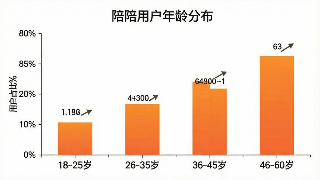 AI生图提示词:一张柱状图,横轴为年龄段“18-25岁”“26-35岁”“36-45岁”“46-60岁”,纵轴为用户占比百分比,柱状图颜色为橙色渐变,图表标题为“陪陪用户年龄分布”,背景为白色,图表风格简洁明了,数据标签清晰,画质干净,无多余元素