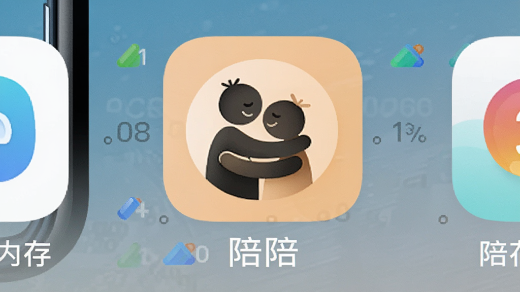AI生图提示词:一个干净的手机桌面截图,屏幕中央是“陪陪”APP图标,图标设计为两个抽象小人拥抱的剪影,背景是浅橙色圆形,图标下方显示应用名称“陪陪”,周围有内存占用小的数据标识,整体风格简约清新,画质干净,无多余元素