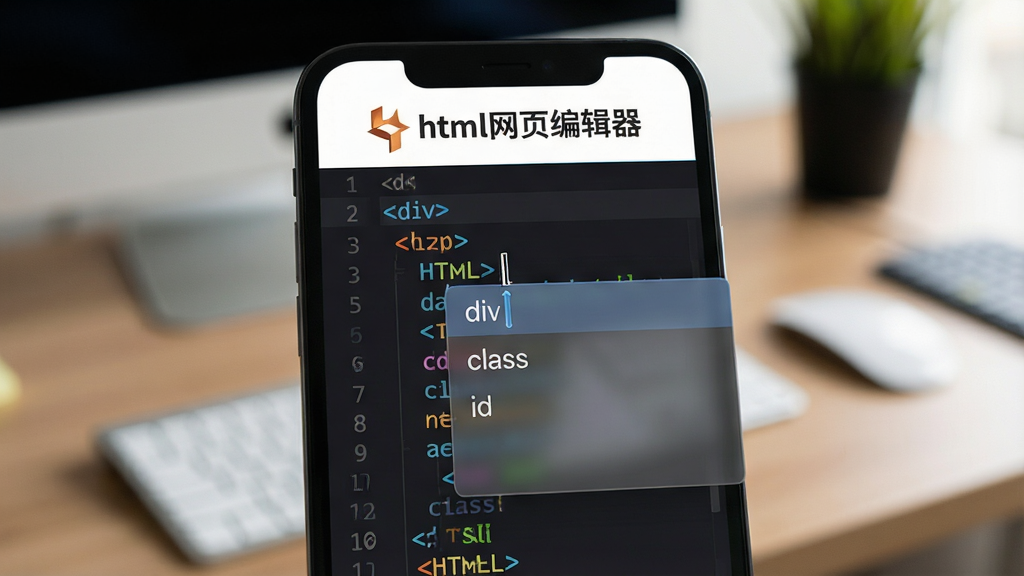一张展示html网页编辑器智能补全功能的图片,画面主体是一部手机特写,屏幕上显示着代码编辑界面,输入光标处弹出一个半透明的补全建议列表,列表里写着