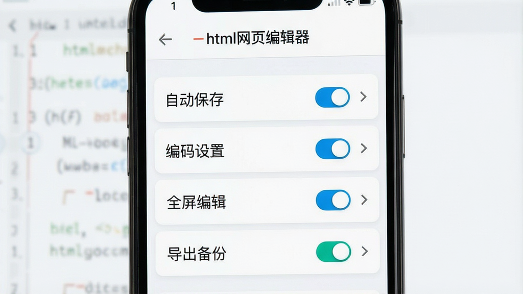 一张展示html网页编辑器新手设置界面的图片,画面主体是一部手机,屏幕上显示着设置菜单,菜单项包括