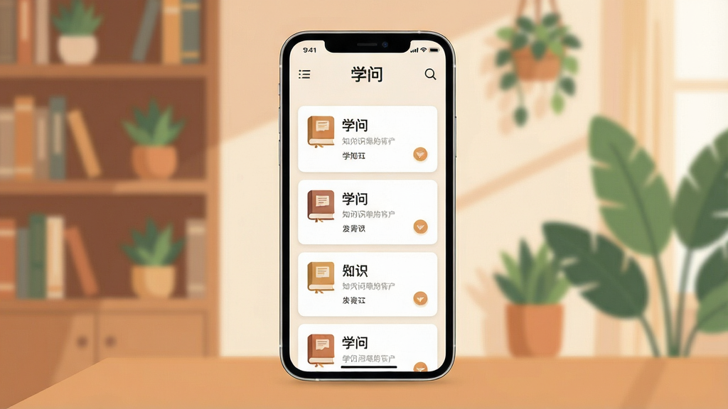 一张展示手机应用“学问”主界面的图片,画面中央是一部现代智能手机,屏幕显示简洁的知识卡片列表,顶部有“学问”应用名称,背景是柔和的书房环境,有书架和绿植,整体色调温暖舒适,风格现代扁平,细节清晰,画质干净,无多余元素。