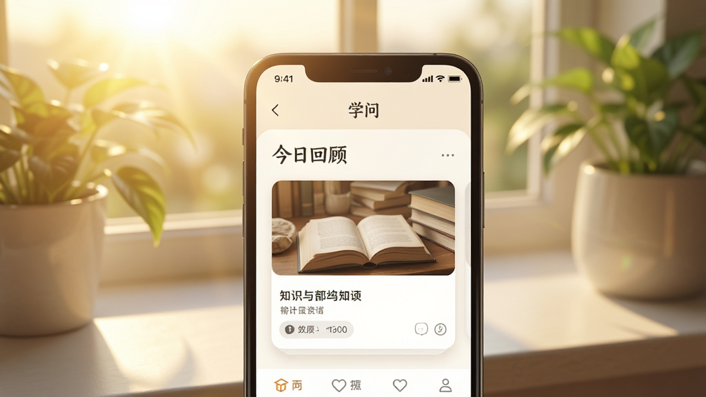 一张展示“学问”应用每日回顾功能的图片,手机屏幕显示一张知识卡片和“今日回顾”字样,背景是清晨窗台,有阳光和绿植,风格温暖治愈,细节清晰,画质干净,无多余元素。