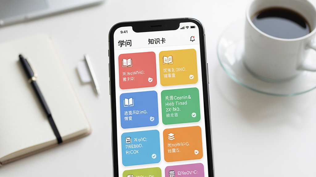 一张展示“学问”应用内知识卡片管理界面的图片,画面中手机屏幕显示多张彩色知识卡片整齐排列,每张卡片上有简短文字和图标,背景是简约办公桌,有笔记本和咖啡杯,风格清新明快,细节清晰,画质干净,无多余元素。