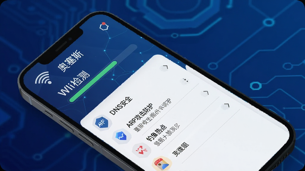 奥塞斯网络检测功能界面,手机屏幕显示WiFi安全检测进度条和检测结果列表,包含DNS安全、ARP攻击防护、钓鱼热点识别等项目,背景为深蓝色科技感渐变,图标简洁明了,风格现代扁平,画质干净无多余元素,文字标注“奥塞斯”