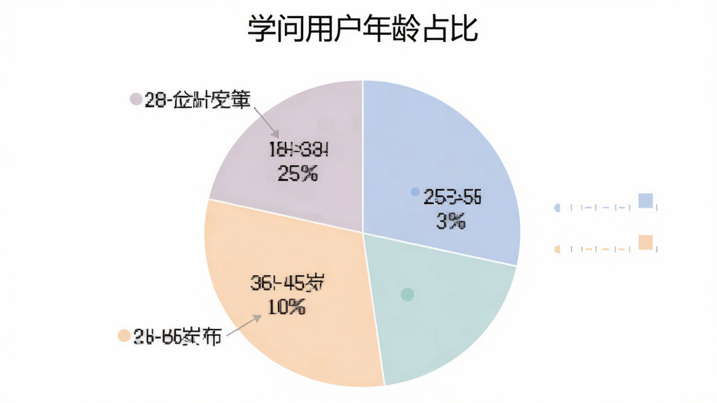 一张展示“学问”用户年龄分布的饼状图,图表标题为“学问用户年龄占比”,显示18-24岁占25%,25-35岁占30%,36-45岁占20%,46-60岁占25%,背景是白色,图表颜色柔和,风格简洁清晰,画质干净,无多余元素。