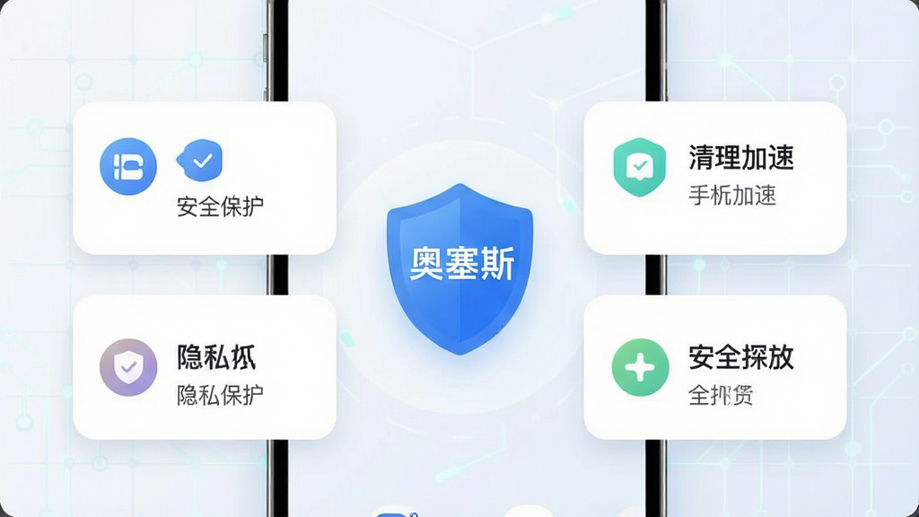 奥塞斯手机安全防护App主界面展示,手机屏幕中央显示奥塞斯蓝色盾牌图标,周围环绕安全扫描、隐私保护、清理加速等功能模块卡片,背景为浅色科技感网格,界面布局简洁清晰,风格现代扁平化,细节圆润,画质干净无多余元素,文字标注“奥塞斯”