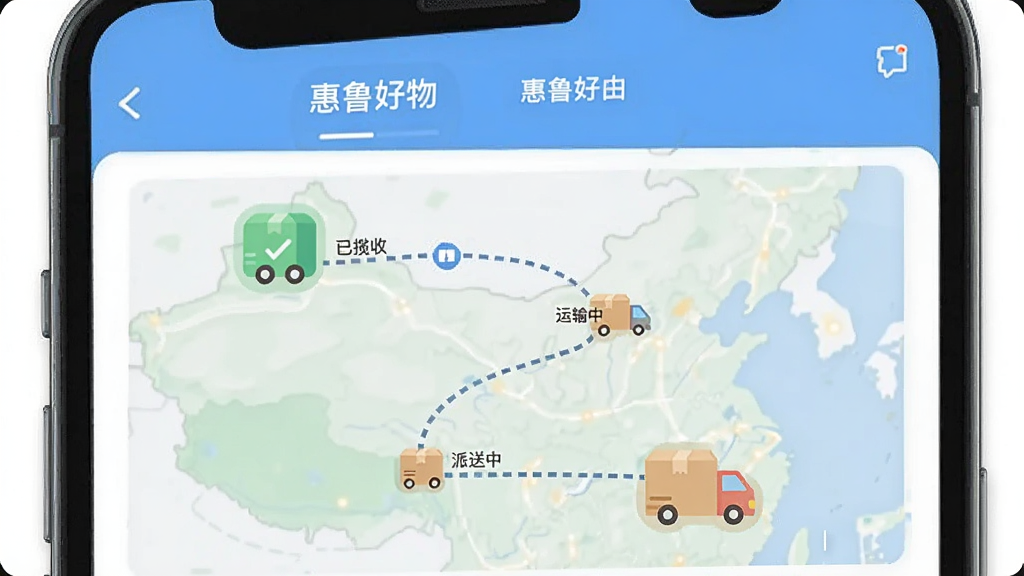 一张展示“惠鲁好物”App订单物流跟踪页面的图片,画面主体是手机屏幕,屏幕内显示一个包裹的物流轨迹图,有“已揽收”、“运输中”、“派送中”等节点,地图上有一条虚线连接,风格扁平化,配色清新,画质干净,无多余元素