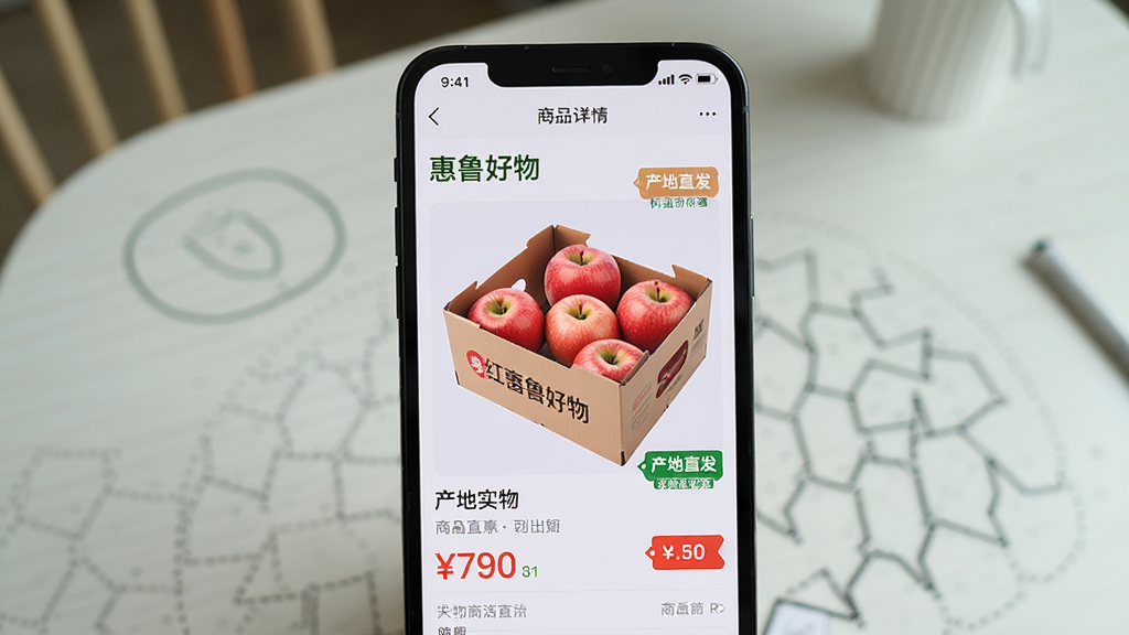 一张展示“惠鲁好物”App商品详情页的图片,画面主体是手机屏幕,屏幕内显示一箱红富士苹果的商品详情,有产地实拍图、价格标签和“产地直发”的标签,背景是干净的桌面,风格写实,画质清晰,细节丰富,干净无多余元素