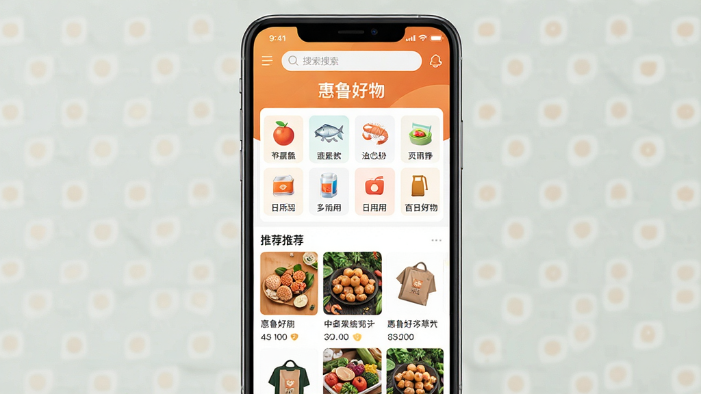 一张展示“惠鲁好物”App首页的手机界面截图,画面主体是一部竖屏手机,屏幕内显示App界面,顶部有搜索栏和“惠鲁好物”的Logo文字,中间是各种商品分类图标如水果、海鲜、日用等,下方是商品推荐瀑布流,整体布局清晰,色彩以暖橙色和白色为主,风格现代简约,细节精致,画质干净无多余元素