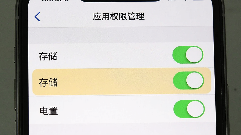 一张展示手机设置界面的图片,画面主体是手机屏幕,屏幕内显示“应用权限管理”界面,有“存储”、“位置”、“电话”等权限开关,其中“存储”权限被高亮标注,风格简洁,画质清晰,无多余元素