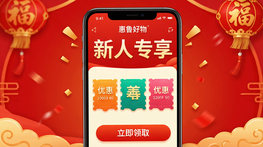 一张展示“惠鲁好物”App新人专享福利页面的图片,画面主体是手机屏幕,屏幕内显示“新人专享”的大字标题,下方是几张鲜艳的优惠券图标和“立即领取”按钮,背景是喜庆的红色和金色搭配,风格活泼,画质干净,细节清晰,无多余元素