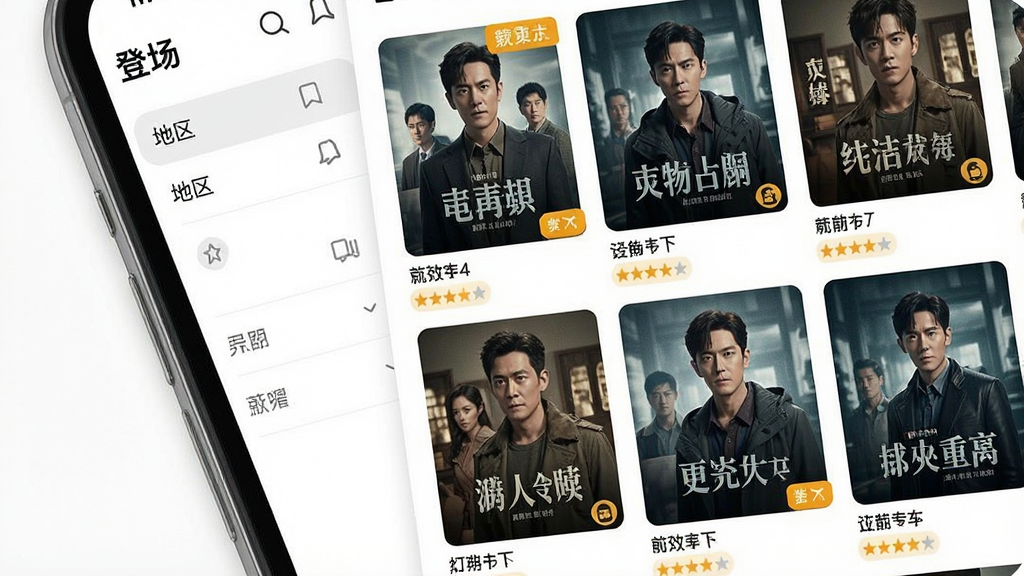 一张展示手机屏幕中电视剧分类页面的图片,画面中“登场”App的分类界面清晰可见,左侧是地区筛选栏,右侧是剧集海报网格,海报上有剧名和评分标签,整体布局整齐,风格扁平化设计,画质干净无多余元素