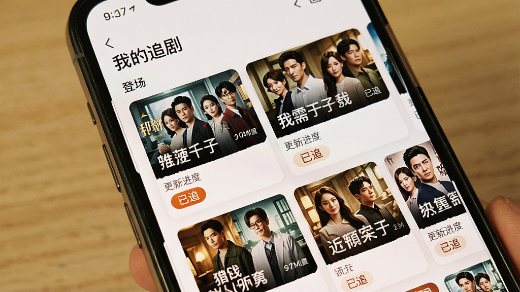 一张展示手机屏幕中追剧列表界面的图片,画面中“登场”App的追剧页面整齐排列着多部电视剧的卡片,每张卡片上有剧名、更新进度和“已追”标签,顶部有“我的追剧”标题,整体风格温馨简洁,画质干净无多余元素