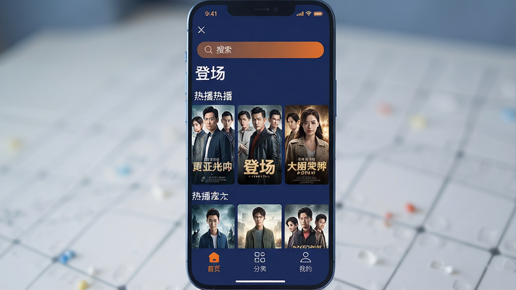一张展示手机视频应用界面的图片,画面中央是名为“登场”的App主界面,顶部有搜索栏,中间是热播电视剧的海报墙,底部有首页、分类、我的三个选项卡,整体色调以深蓝和橙色点缀为主,风格简洁现代,画质干净清晰,无多余元素