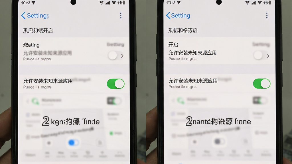 一张展示手机设置界面的图片,画面中正在演示如何开启“允许安装未知来源应用”的开关,界面清晰标注了操作步骤,风格简洁明了,画质干净无多余元素