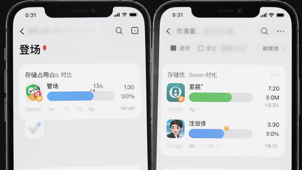 一张展示手机存储空间管理界面的图片,画面中“登场”App的存储占用显示较小,旁边有其他应用占用空间对比,界面清晰展示存储优化效果,风格简洁现代,画质干净无多余元素