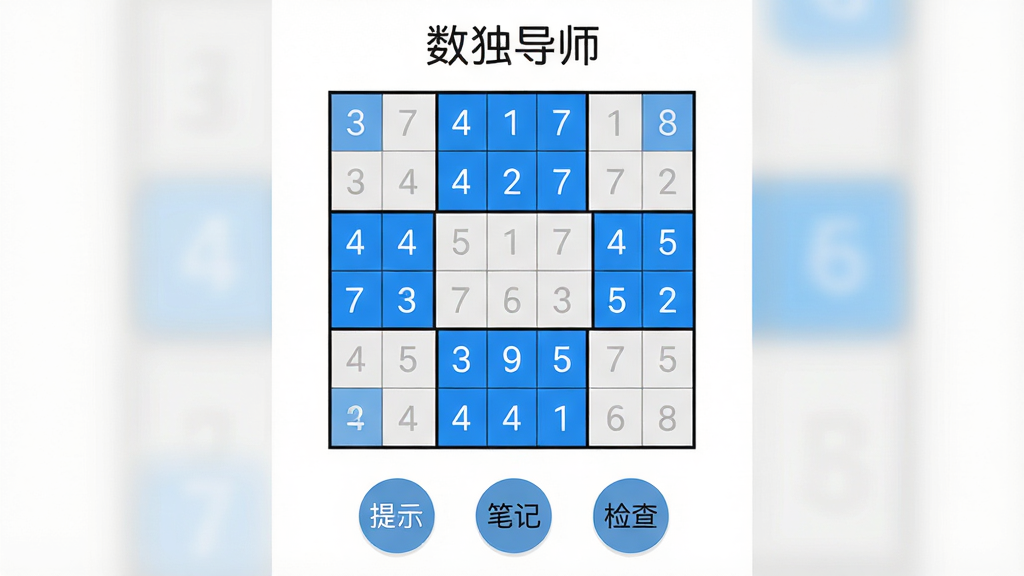 数独导师APP主界面,干净的白色背景上显示一个九宫格数独盘面,盘面中部分数字为蓝色,部分空白格用浅灰色标注,界面顶部有“数独导师”四个字,底部有“提示”“笔记”“检查”三个圆形按钮,整体布局简洁,UI风格现代扁平,画质清晰干净,无多余元素