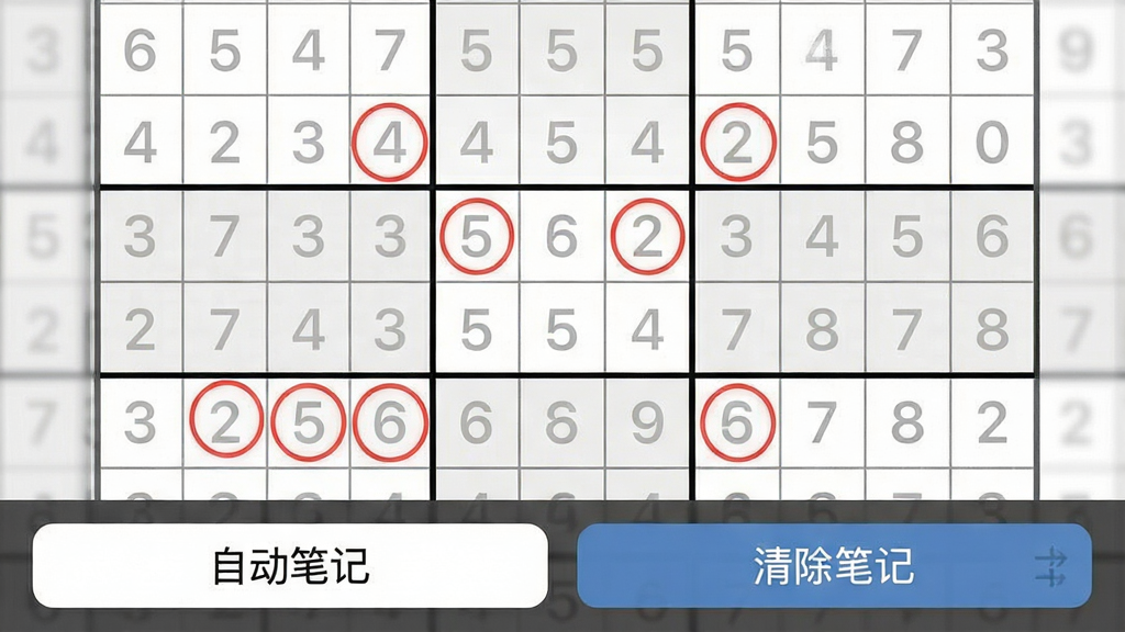 数独导师APP功能截图,展示笔记模式下的数独盘面,每个空格内都有多个浅灰色小数字,其中部分小数字被红色圆圈圈出,界面底部有“自动笔记”“清除笔记”两个按钮,整体布局清晰,文字标签明确,风格现代扁平,画质干净无多余元素